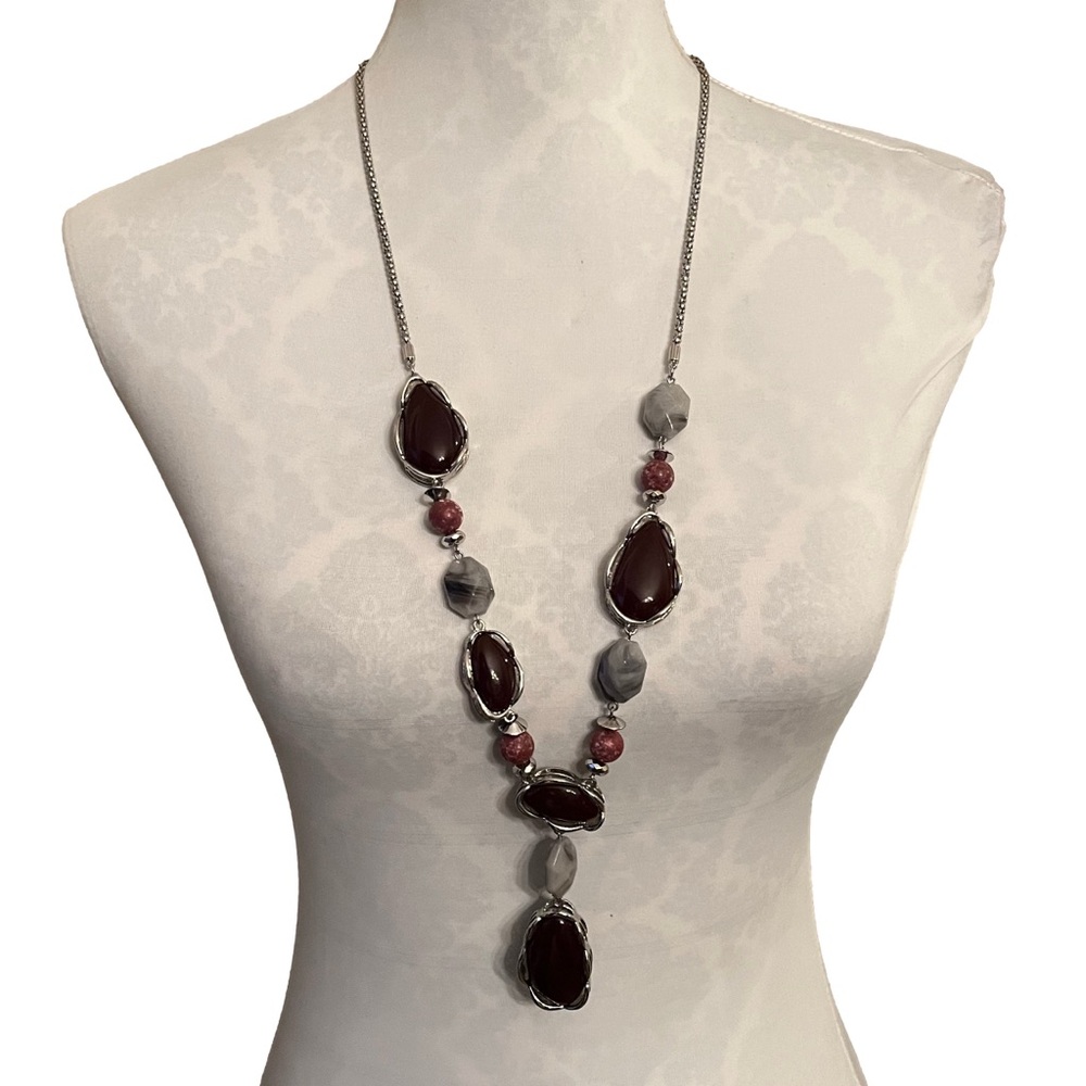 Chico’s Long Statement Necklace – Silver Tone, Burgundy & Gray Beads